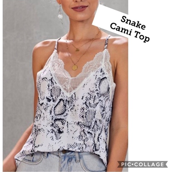 Snake Print & Lace Cami Like Top - Picture 1 of 5